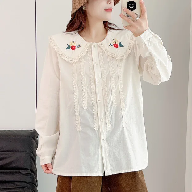 New Summer Cotton Long Sleeve Denim Shirt, Woman Peter Pan Collar Embroidery Tops, Mori Girl Sweet Loose Blouses, Fall T47883QC