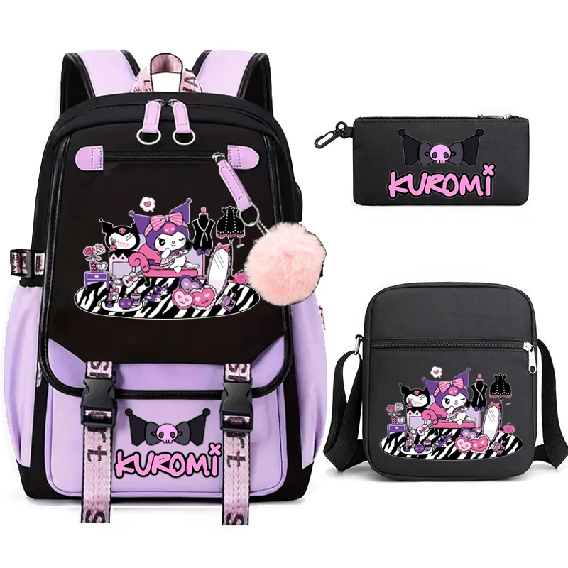 Kuromi-Sac à dos de dessin animé pour filles, sac à dos étudiant, sac d\'école pour femme, haute capacité, mignon, loisirs, voyage, 3 pièces