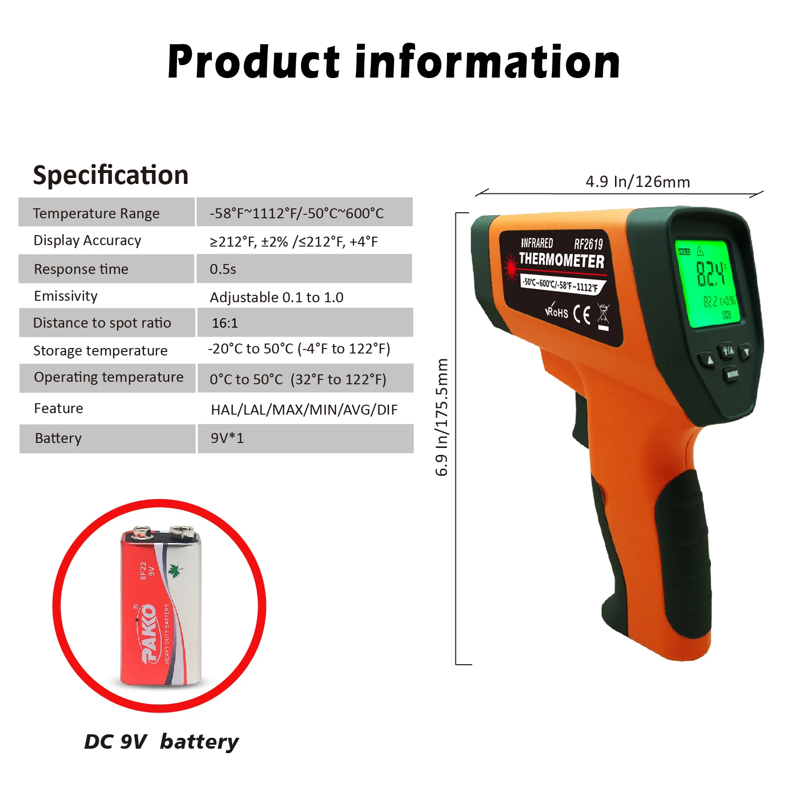 LCD Industrial Electronic Thermometer NonContact -50~600°C Digital Laser Temperature Meter Gun Laser Point Infrared Thermometer