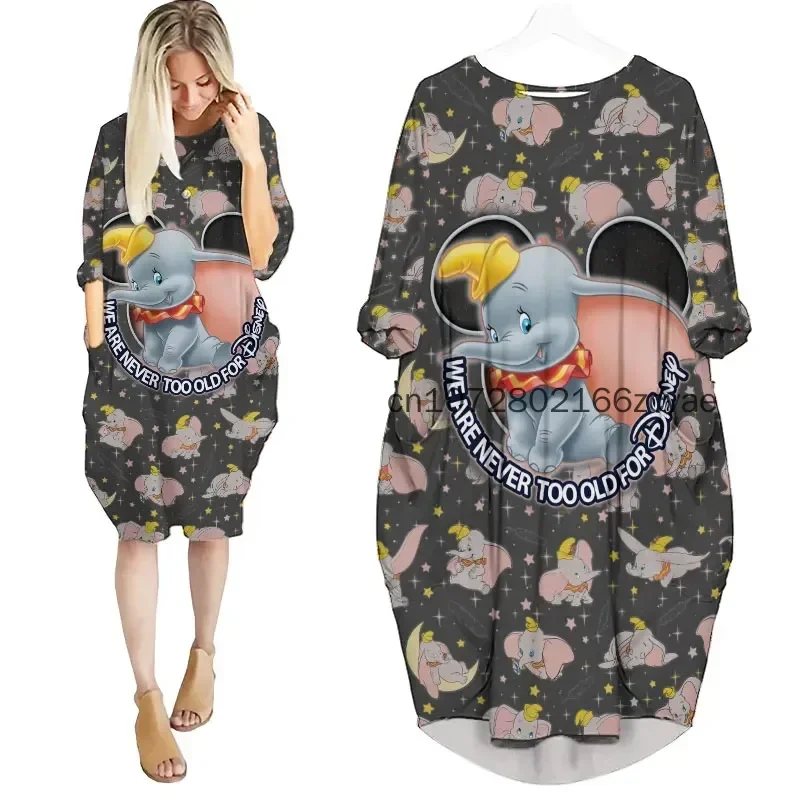 

Cute Disney Dumbo Women's Batwing Pocket Dress 3D Printed New Disney Oversize Fashion Street Dress Long Sleeve Sleeping Dress