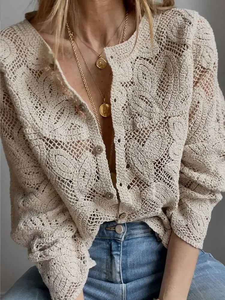 Women's Crochet Knit Shirts Button-up Embroidered Lace Long Sleeve Blouses Tops Open-stitch Cardigan Boho Spring Summer 2026