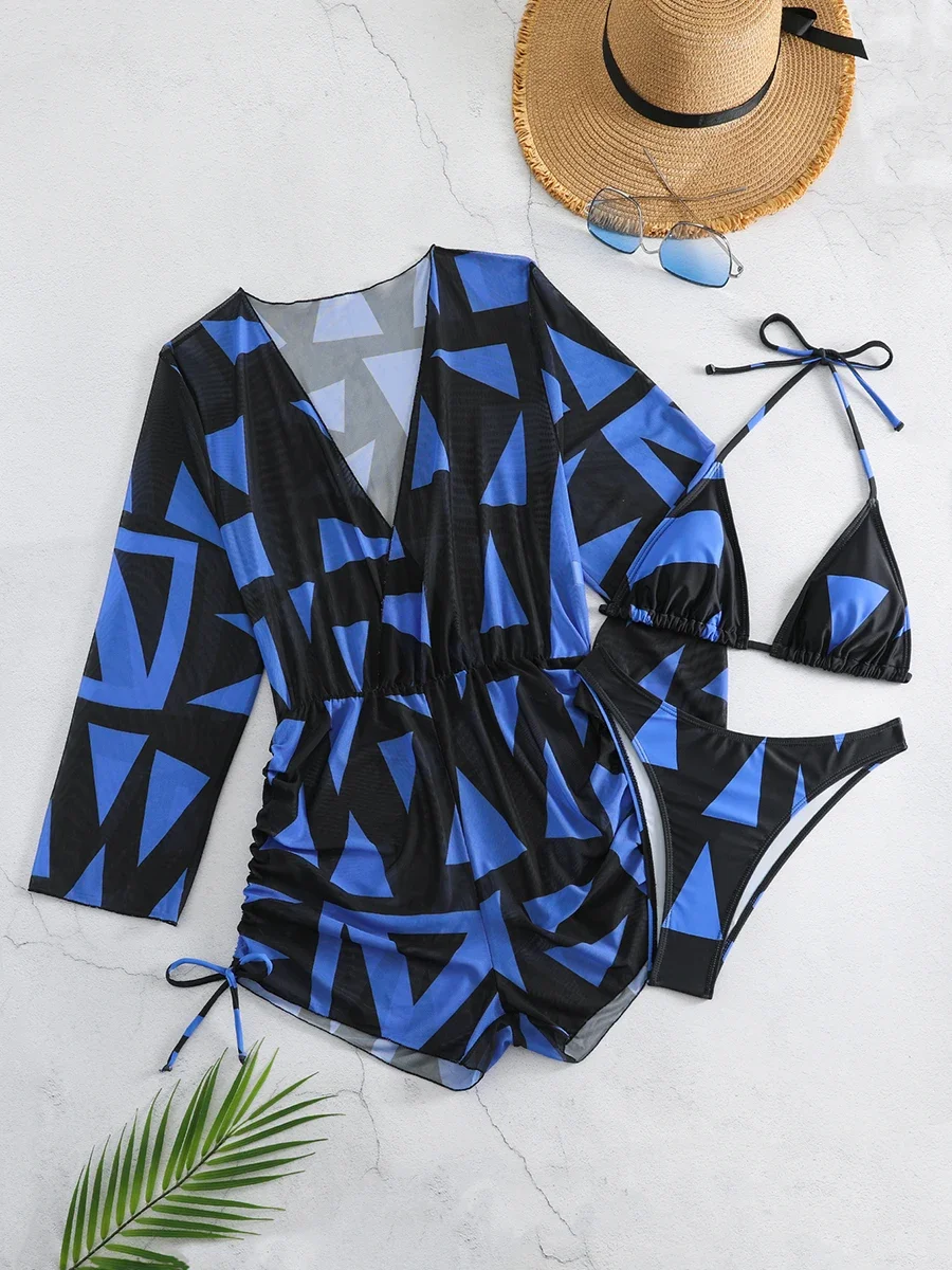 

3 Pieces 2025 String Printed Batwing Long Sleeves Drawstring Kimono Beach Swim Vcay Ombre Drawstring Cover Up Ladies Tops