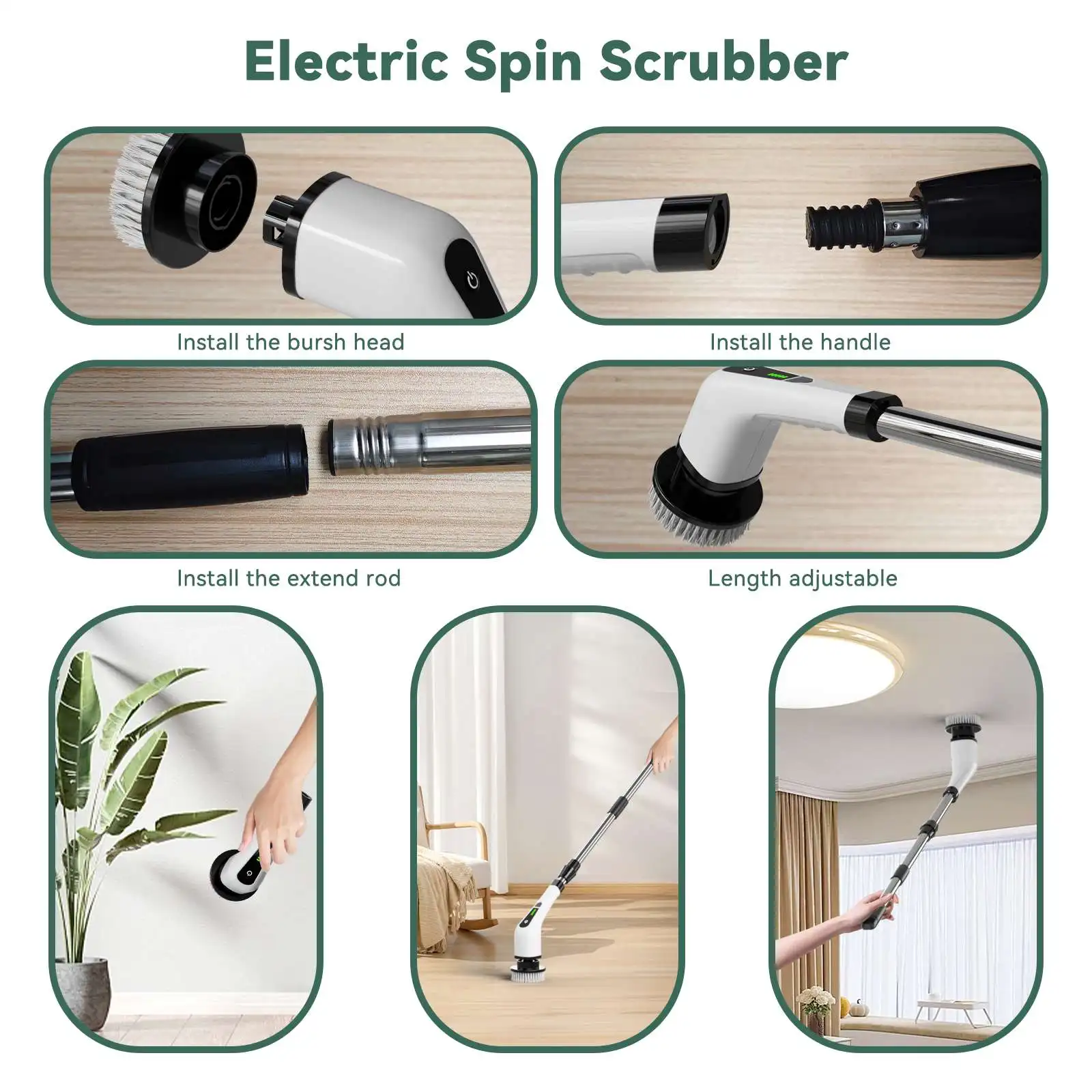 แปรงขัดพื้นไร้สาย Spin Scrubber ผลิตภัณฑ์ทำความสะอาดบ้าน แปรงขัดพื้นพร้อมด้ามจับปรับระดับได้ จากคลังสินค้าสหรัฐอเมริกา