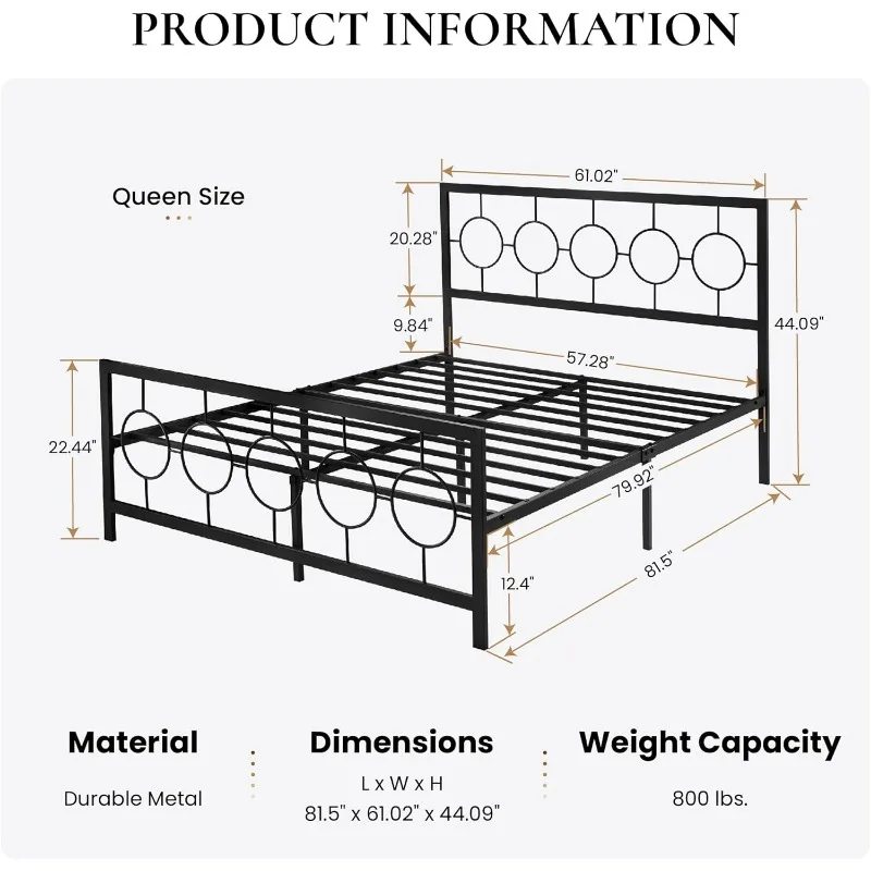 Металлический каркас кровати размера «queen-size» с винтажным круглым дизайном изголовья и изножьем, пружина коробчатого типа не требуется, простая сборка,