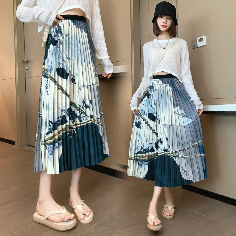 

2023 summer new artistic style fashionable high-waisted ink painting pleated skirt women's loose mid-length skirt