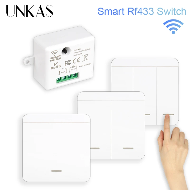 UNKAS 86 Wireless Smart RF 433Mhz 100-220V With Remote Control Mini Relay Receiver Home Led Light Lamp Switch Wall Panel WiFi