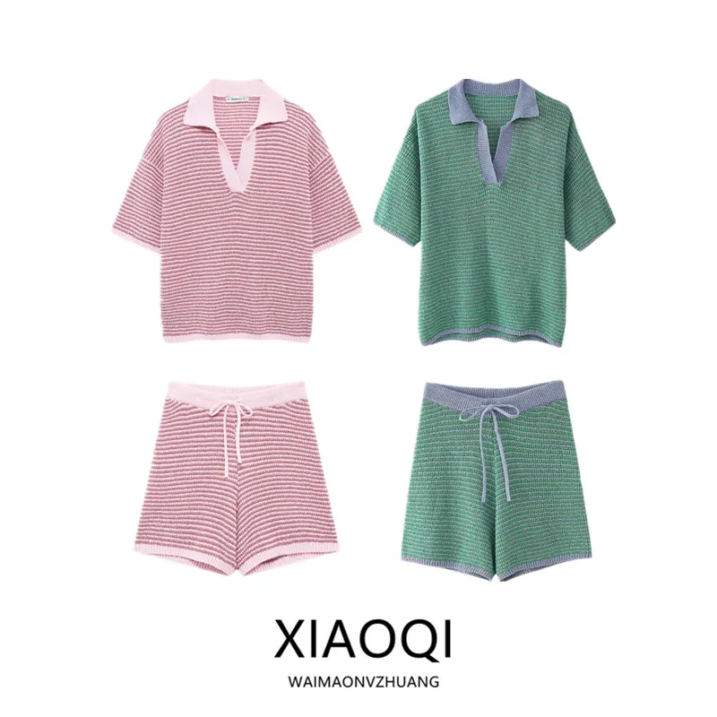 

Summer New Women's Loose Knitted irt Ne Top High Waist Belted orts Faion Set High Waist Belted Ne Top