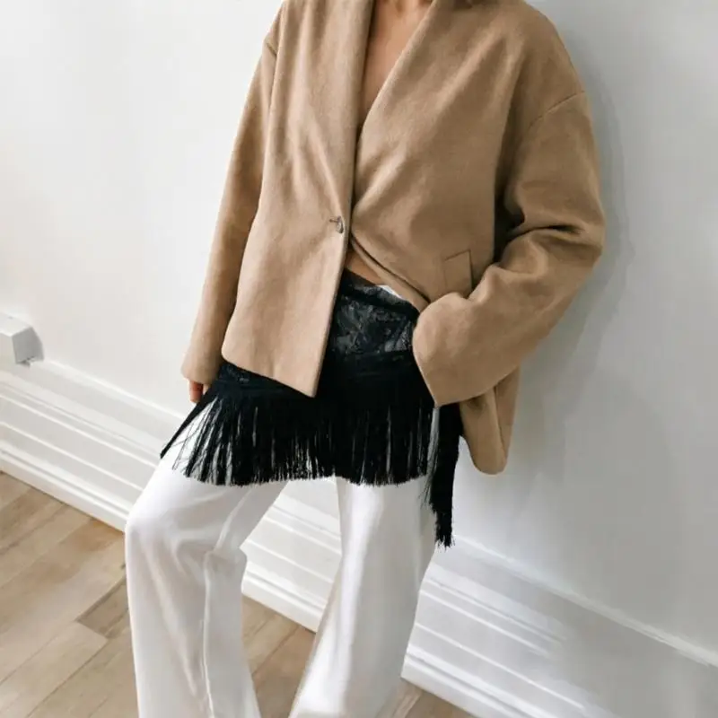 A52E Lightweight Lace Fringe Wrap Skirt Overlay with Tie Waist for Black Party Styling and Flexible Layered Looks