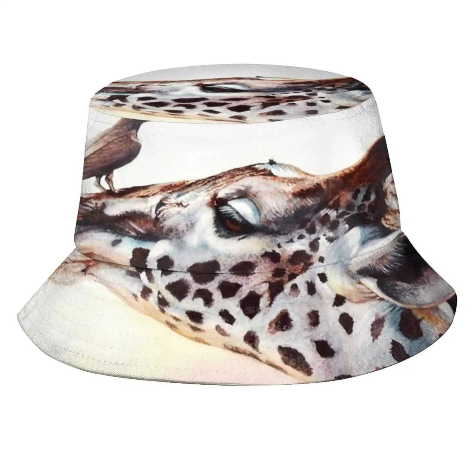 Tall Story Foldable Panama Bucket Hat Cap Giraffe Bird Oxpecker Africa Animal Wildlife Portrait Watercolor Watercolour Painting