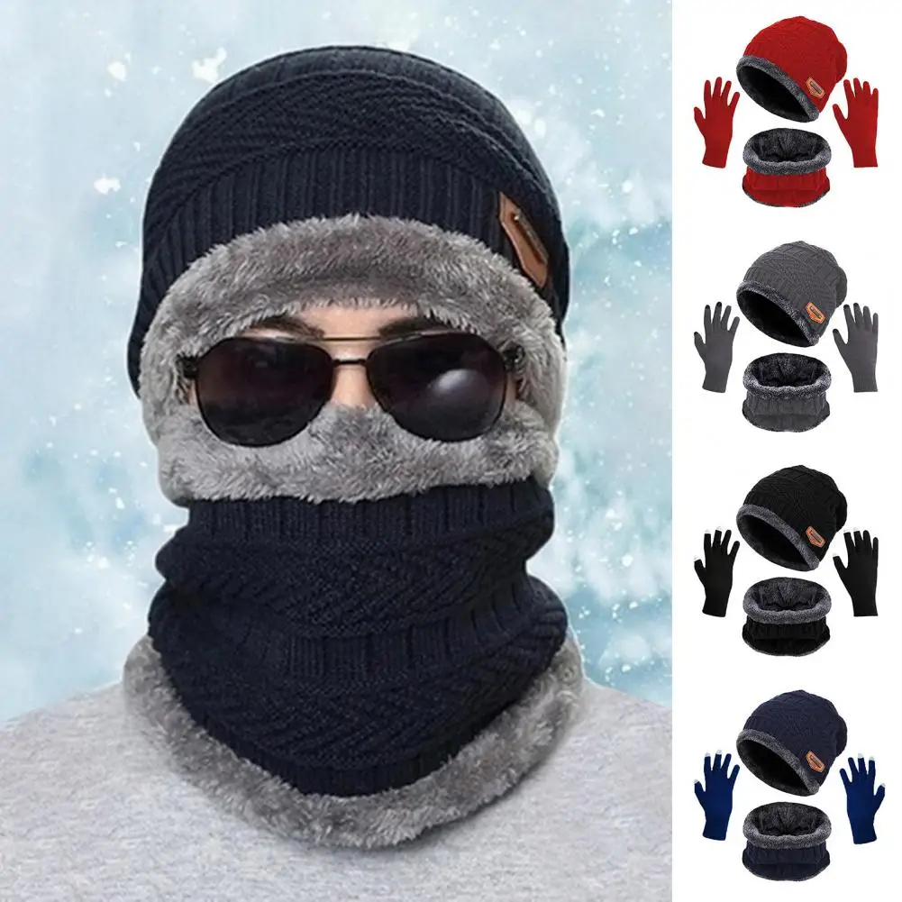 1 Set Scarf Gloves Cap Set Touch Screen Gloves Full Fingers Fleece Knitted Thicken Warm Plush Gloves Scarf Hat Set for Skiing