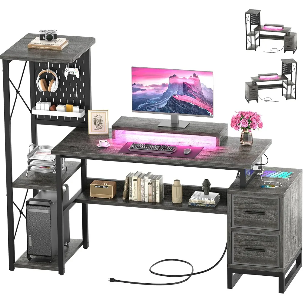 Computer Desk with 2 Fabric Drawers - Reversible Home Office Desk with Power Outlet & LED Lights, 53