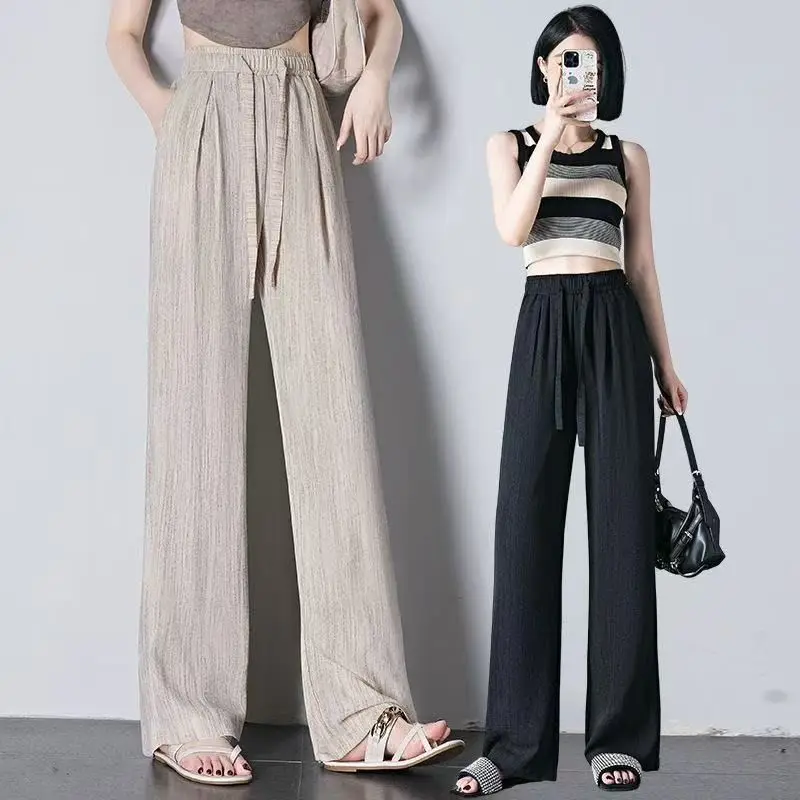 Black Ice Silk Wide Leg Pants Draped Loose Summer Thin Hanging Feel Women's Casual Trousers High Waist Long Knitted Pants