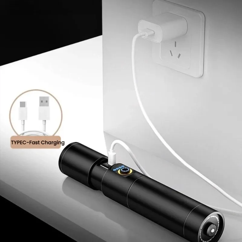 Lanterna LED de Luz Forte com Carregamento Tipo-C, Zoom Telescópico, À Prova D'água, Liga de Alumínio, Portátil para Caminhada Noturna e Atividades ao
