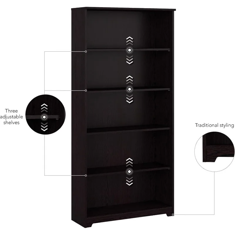 Tall 5 Shelf Bookcase Large Open Bookshelf Sturdy Display Cabinet for Living Room or Home Office Cabot Collection Espresso Oak