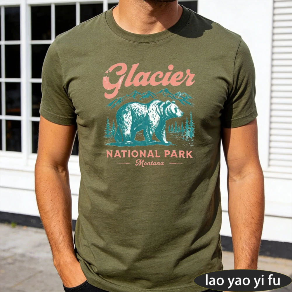 T-shirt en coton pour homme, style vintage, pour l'été, le plein air, la nature, les vacances, avec motif du parc national de Glacier, du mont Bear et des pinèdes de Montana