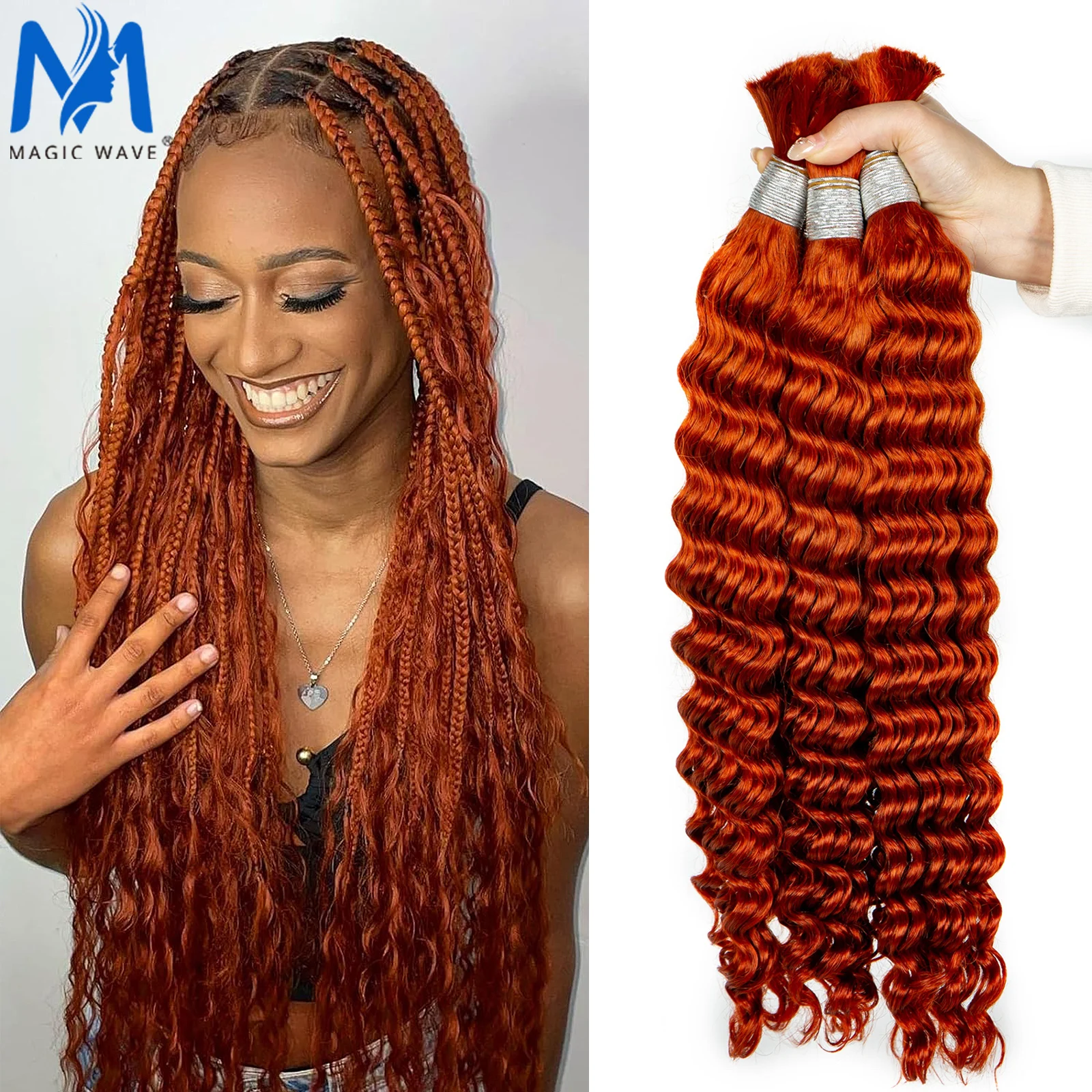 350# Ginger Orange Human Hair Bulk 28inch Deep Wave Human Hair for Braiding 100% Unprocessed No Weft Vingin Hair Bulk Extensions