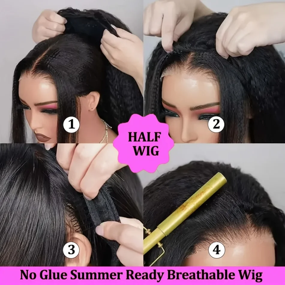 

Kinky Straight 3 IN 1 Half Wig Human Hair Glueless Wig Human Hair Ready to Wear Half Wig Invisible Drawstring For Women