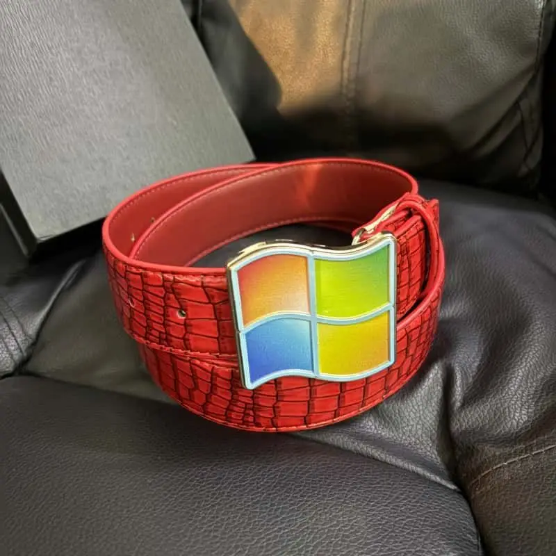 Vintage Computer Interface Windows Logo Alloy Slide Buckle Belt Unisex Adjustable Split Cowhide Leather Funny Nostalgic Casual