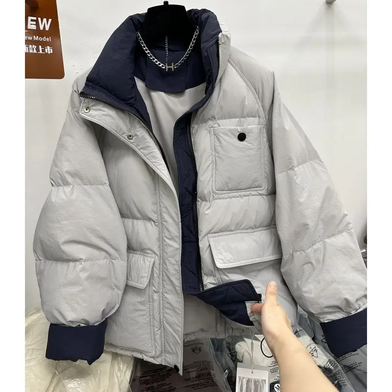 جاكيت قطني متباين بياقة واقفة عصرية للنساء في شتاء 2025، مع إحساس فاخر وفضفاض، مقاس سميك #3