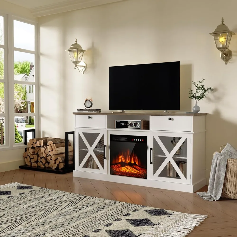 

Подставка для телевизора в фермерском доме с 18 электрическими каминами, ТВ-консоль развлекательного центра до 65 с дверцами и ящиками для сарая