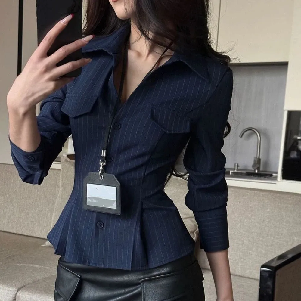 Ins Sweet Strip Pleated Shirt Top Thin Slim Fit Long Sleeve Blouse Sun Protection Casual Button Shirt for Women Girl