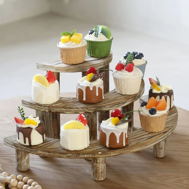 3-Layer Wooden Cupcake Rack Layered Cupcake Display Rack Semi-Circular Dessert Cake Rack