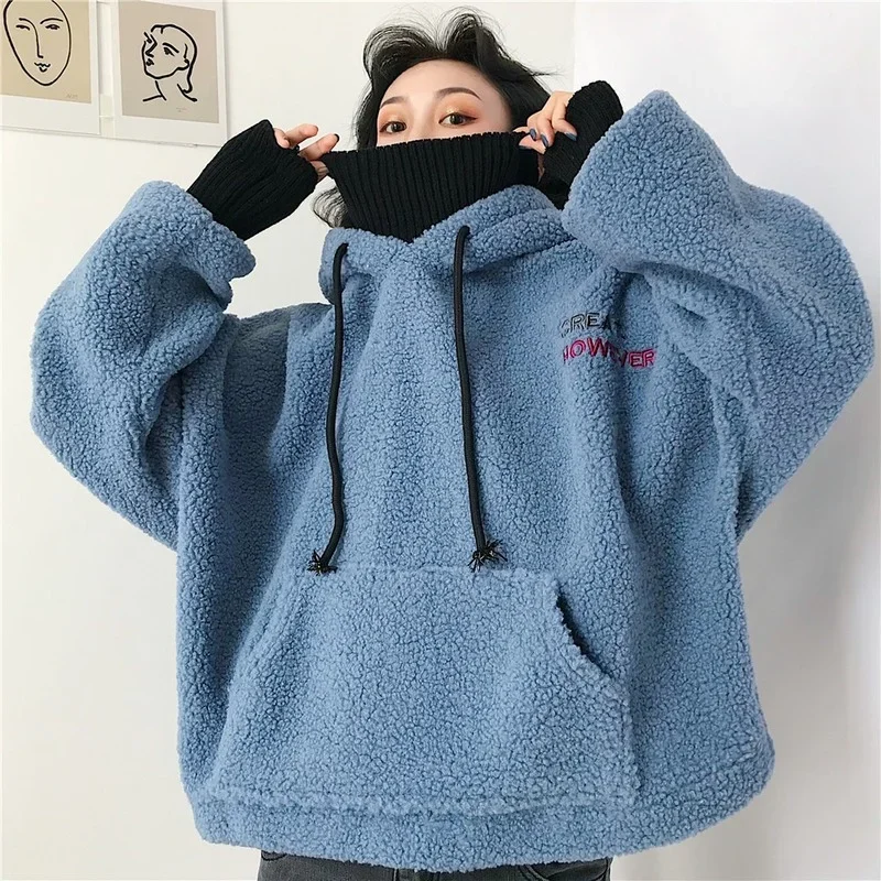 Knitted Halter Tops Jumper Ladies Winter Autumn Warm Pullovers Women Hoodies Lamb Wool Fake Two-piece Hooded Sweatshirts 2024