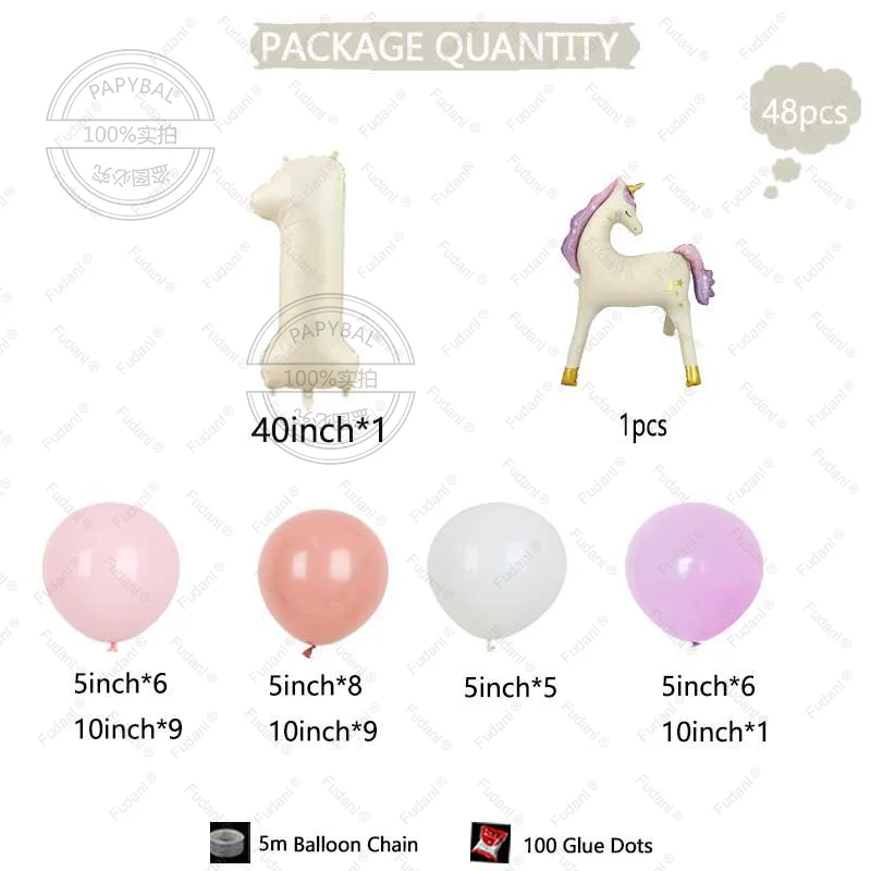 Ensemble de ballons thème licorne, 48 pièces, blanc crème, numéro 1-9, pour décoration de salle de fête d'anniversaire pour enfants, fournitures de ballons