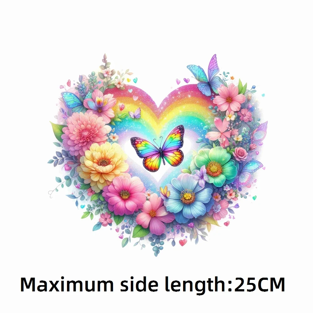 25cm Rainbow Colorful Flower Butterfly Iron-On Transfers Sticker For T-Shirts DIY Washable Heat Transfer For Clothes Stickers