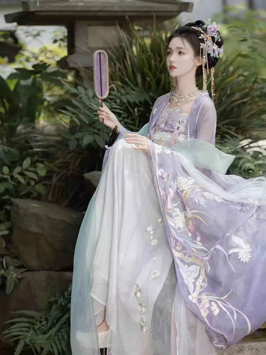 Yunjian Shanze[Iris]Purple, Blue, Embroidered Alien Hezi Skirt, Big Sleeve Shirt, Double Wrapped in Silk