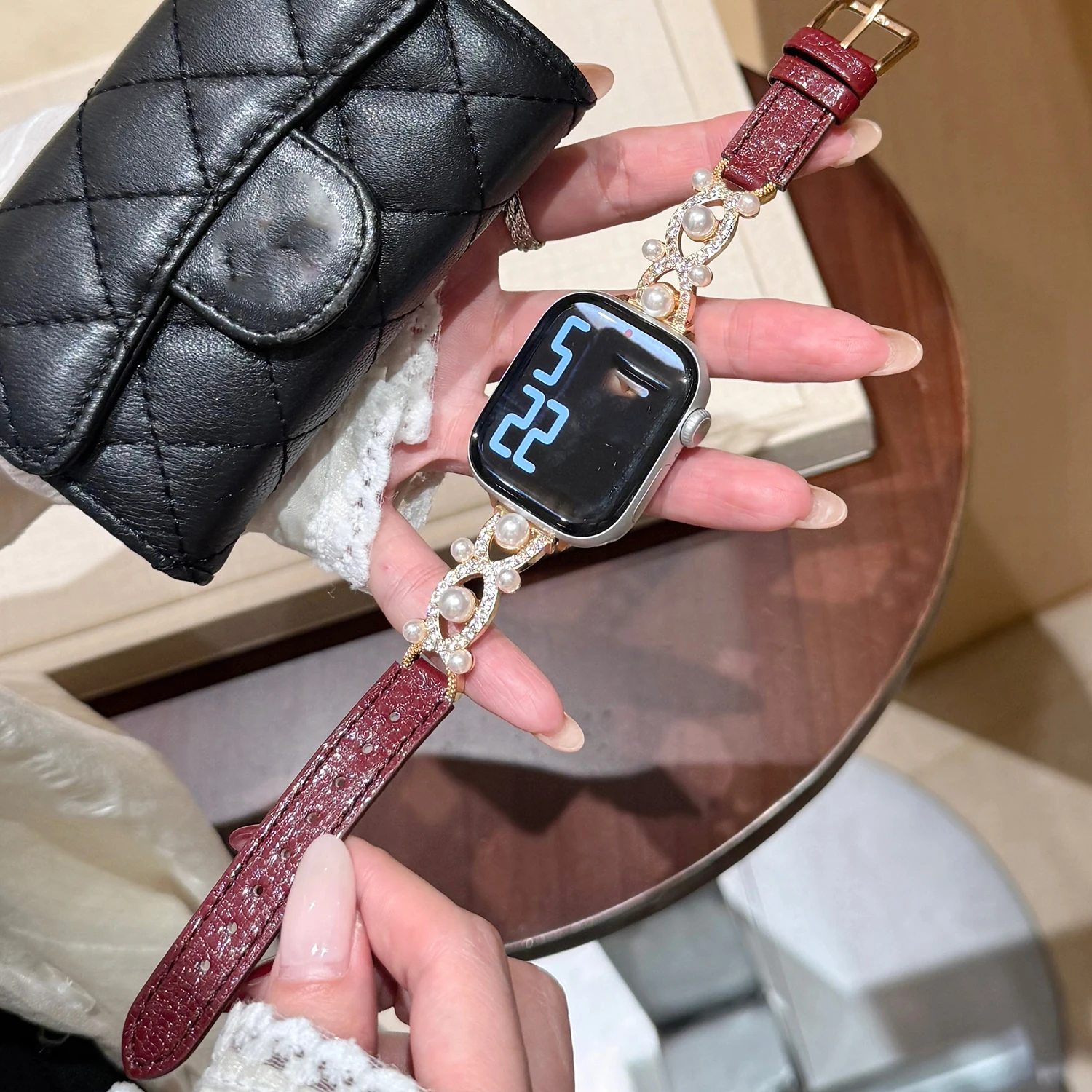 Stellar Pearl Copper Chain Leather Strap for Apple Watch 49/46/45/44/42-38mm, Luxury Women's Watch Band for iWatch Ultra S11/10