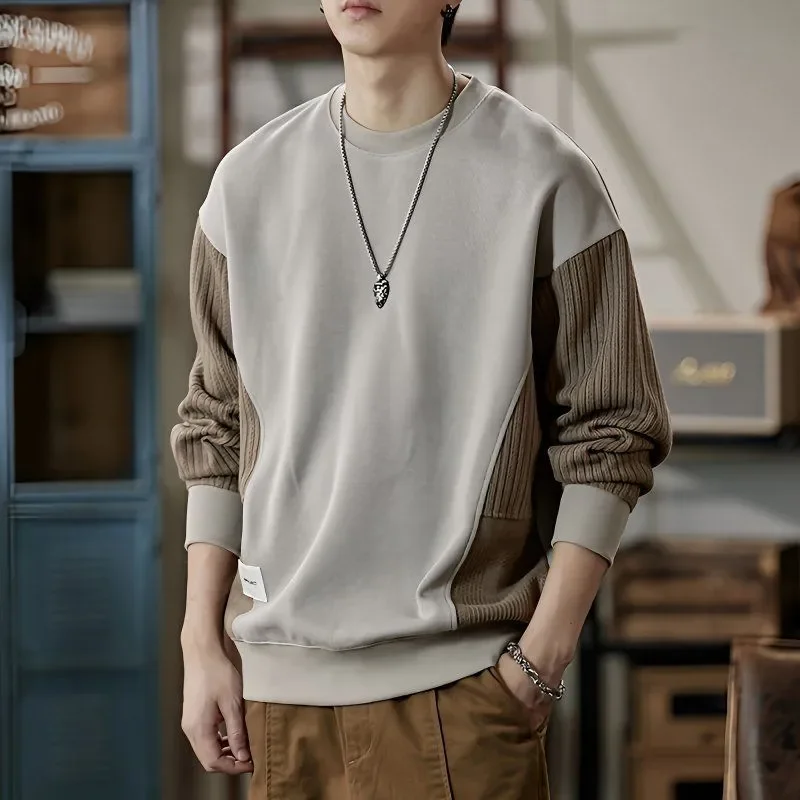 Men Color Block Patchwork Sweatshirt Ribbed Sleeve Crew Neck Loose Vintage Long Sleeve Tops
