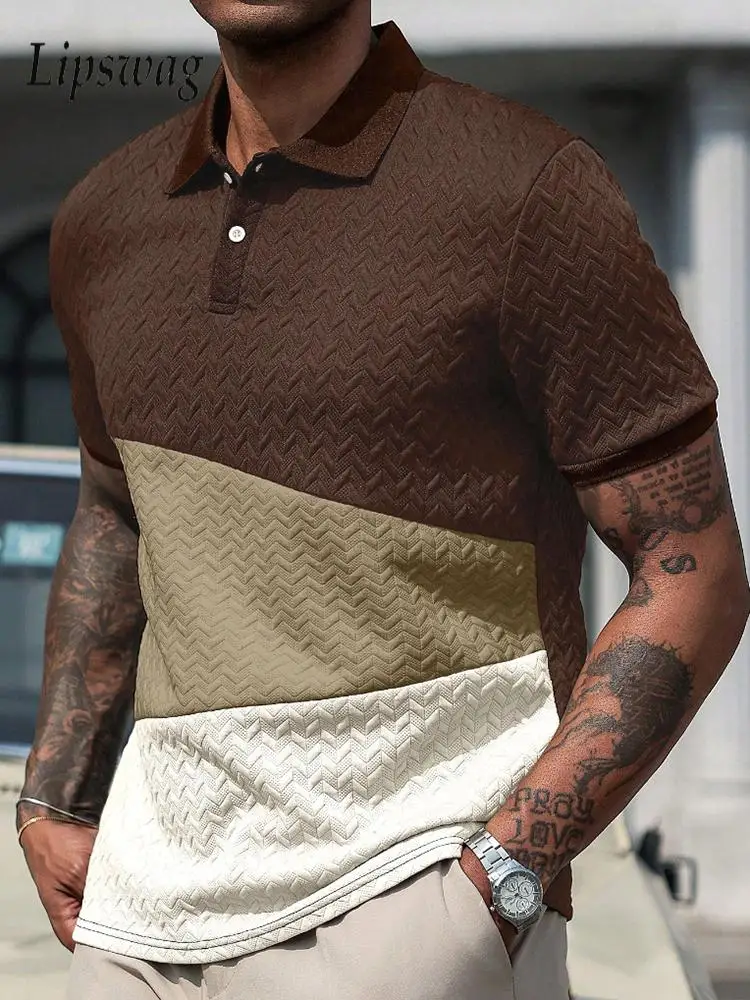 

Мужские винтажные поло с контрастными вставками и текстурой, на пуговицах, с отложным воротником, летние повседневные рубашки с коротким рукавом