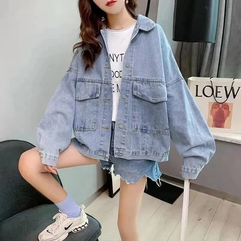 MEXZT Denim Jackets Women Streetwear Oversized Jeans Coat Bf Korean Vintage Letter Embroidery Loose Casual All Match Outwear New