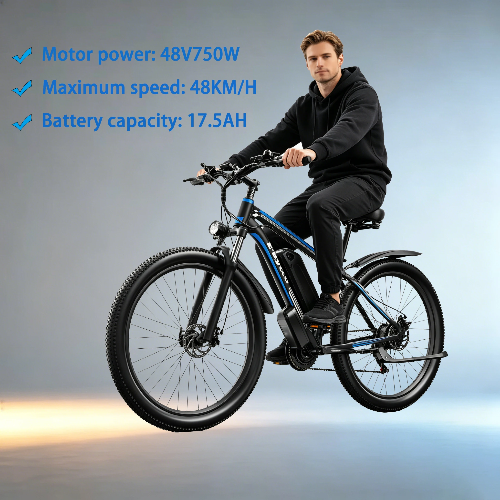 Bicicleta Eléctrica Todoterreno con Motor sin Escobillas de 750W, Batería de Litio de 48V 17.5AH y 21 Velocidades