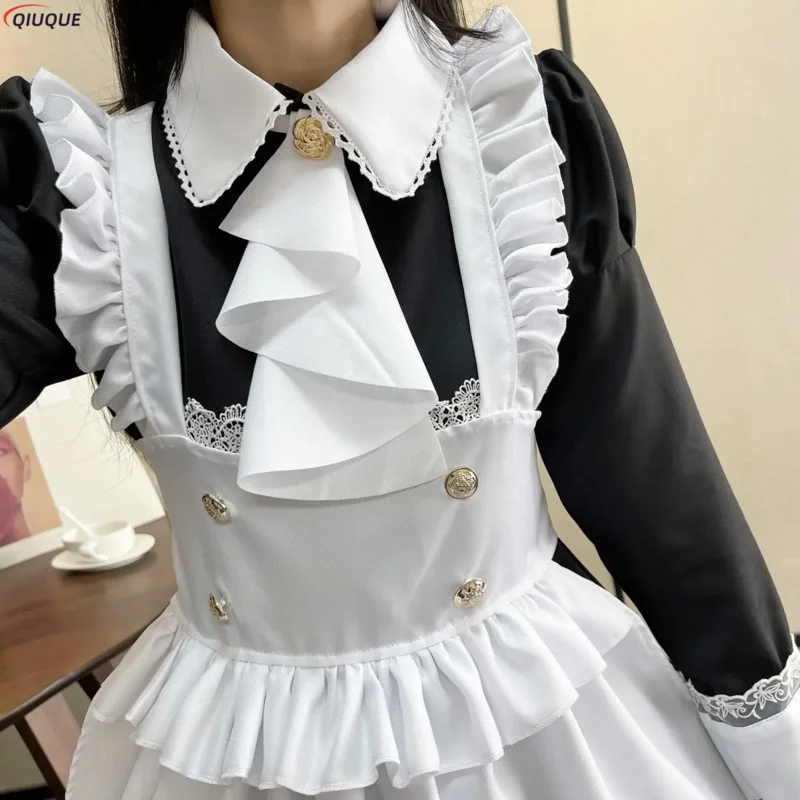 Traje de cosplay café kawaii para mulheres, roupa de empregada, vestido Lolita, uniforme bonito, preto e branco, vestido longo avental, homens