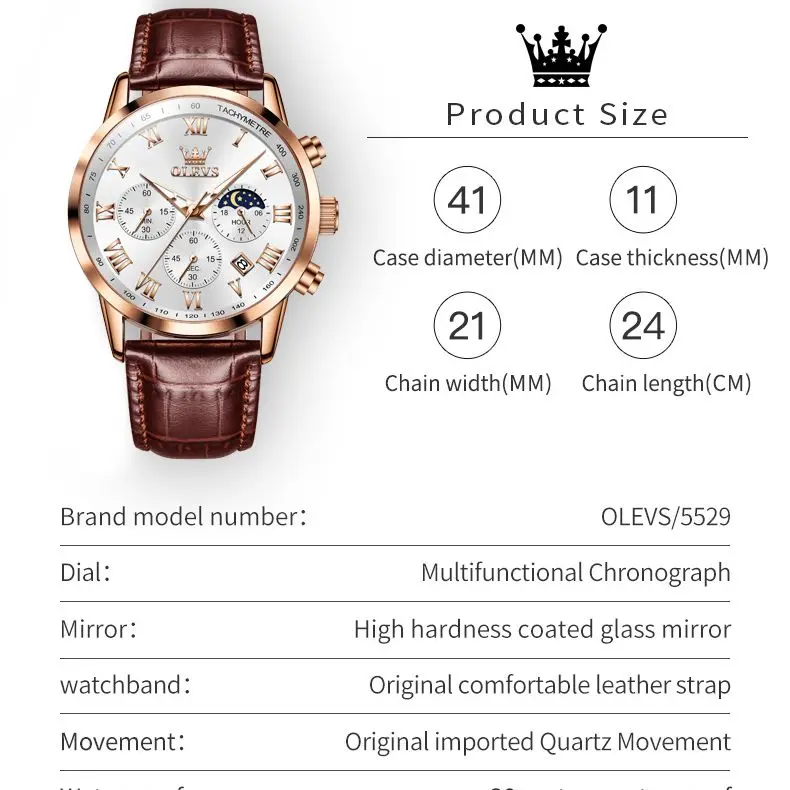 OLEVS Multi-funtion Quartz Watch for Men Chronograph Moon Phase Leather Strap Waterproof Date Clock Man Wristwatch Original 5529