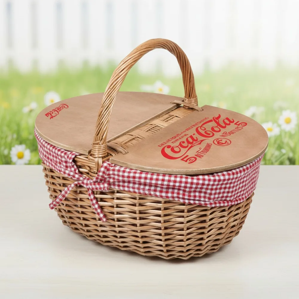 

Vintage Wicker Picnic Basket for 2 with Lid, Red & White Gingham Pattern, Romantic Outdoor Gift