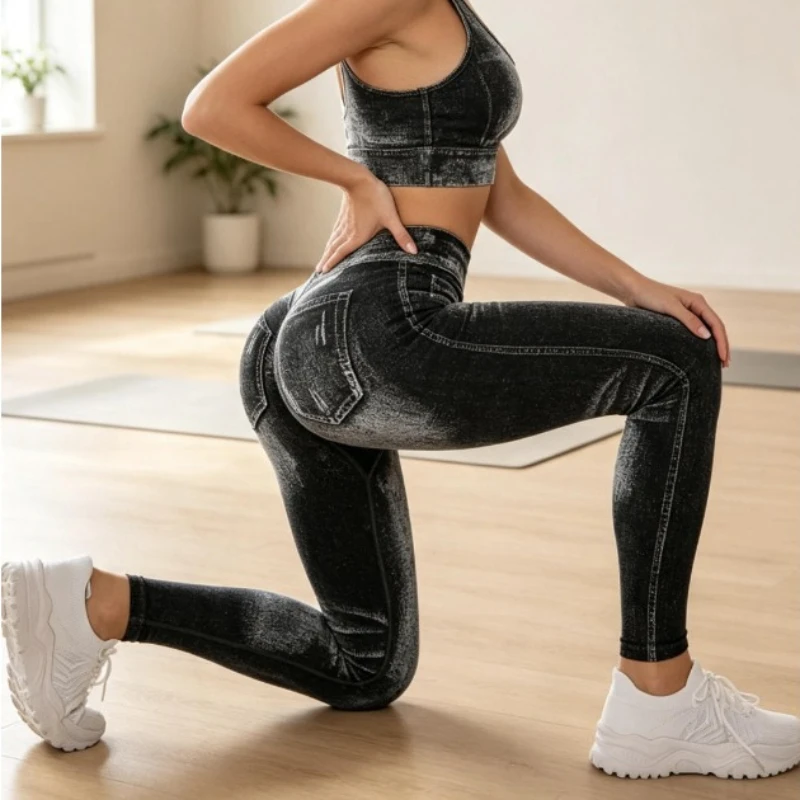 Women Faux Denim Seamless Yoga Pants V Back Waist Butt Lifting High Elastic Slim Sports Leggings Fashion Running Workout Tights