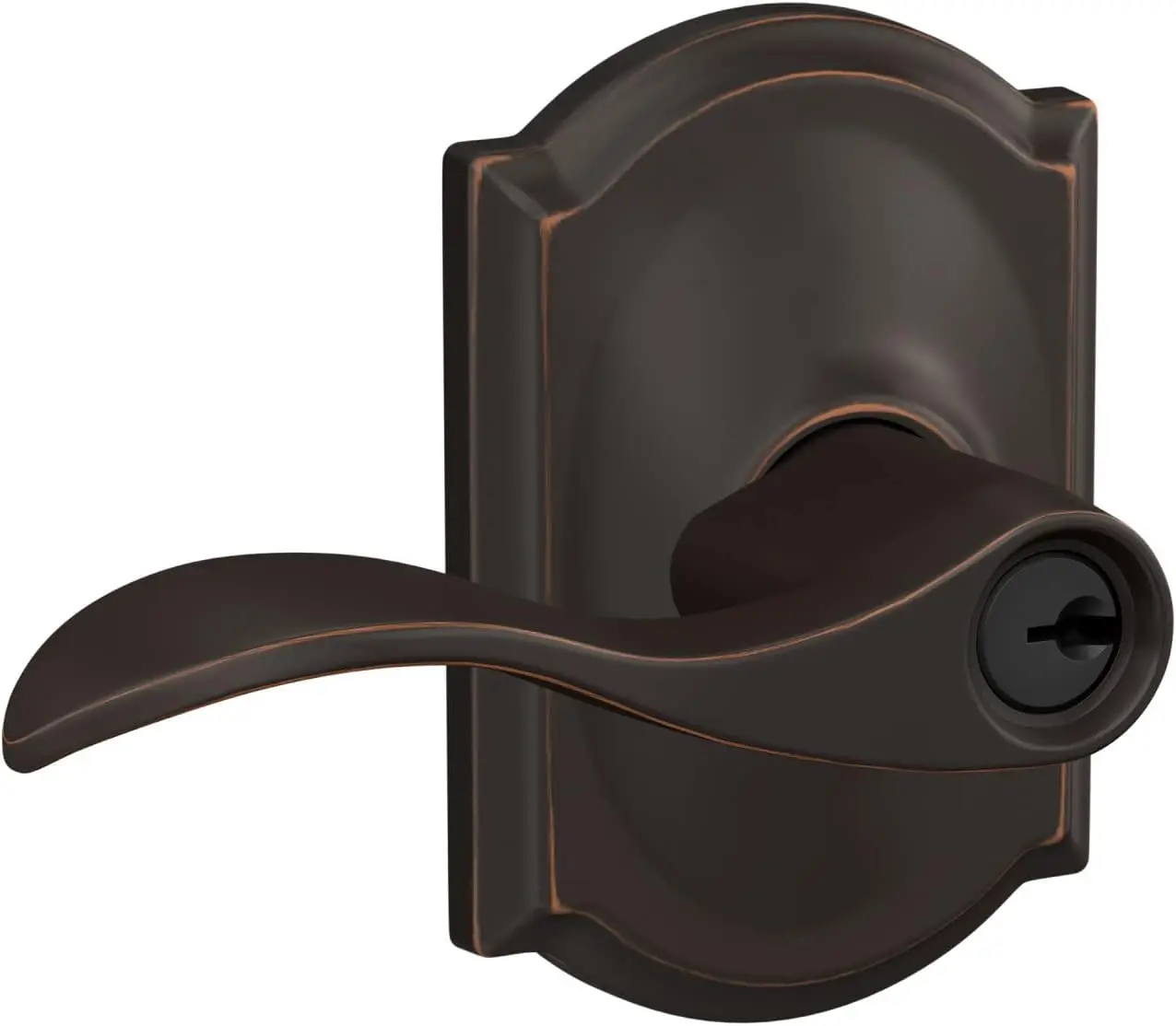 

F51A ACC 716 CAM Accent Door Lever with Camelot Trim, Keyed Entry Lock, Aged Bronze
