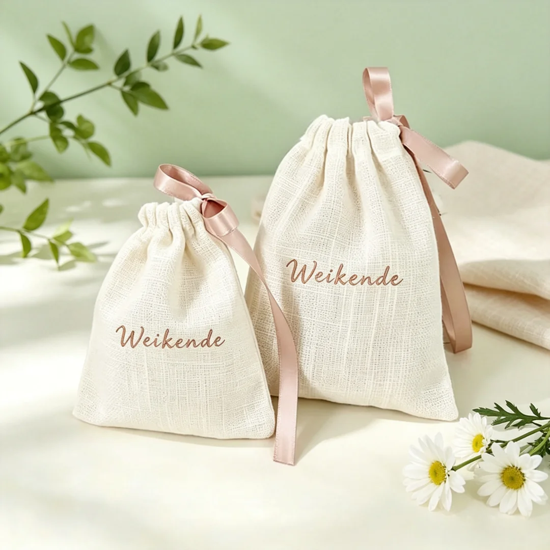 100Pcs Personalized Logo Beige Natural Bamboo Cotton Burlap Bags Jewelry Gift Pouches for Necklaces Earrings & Daily Accessories