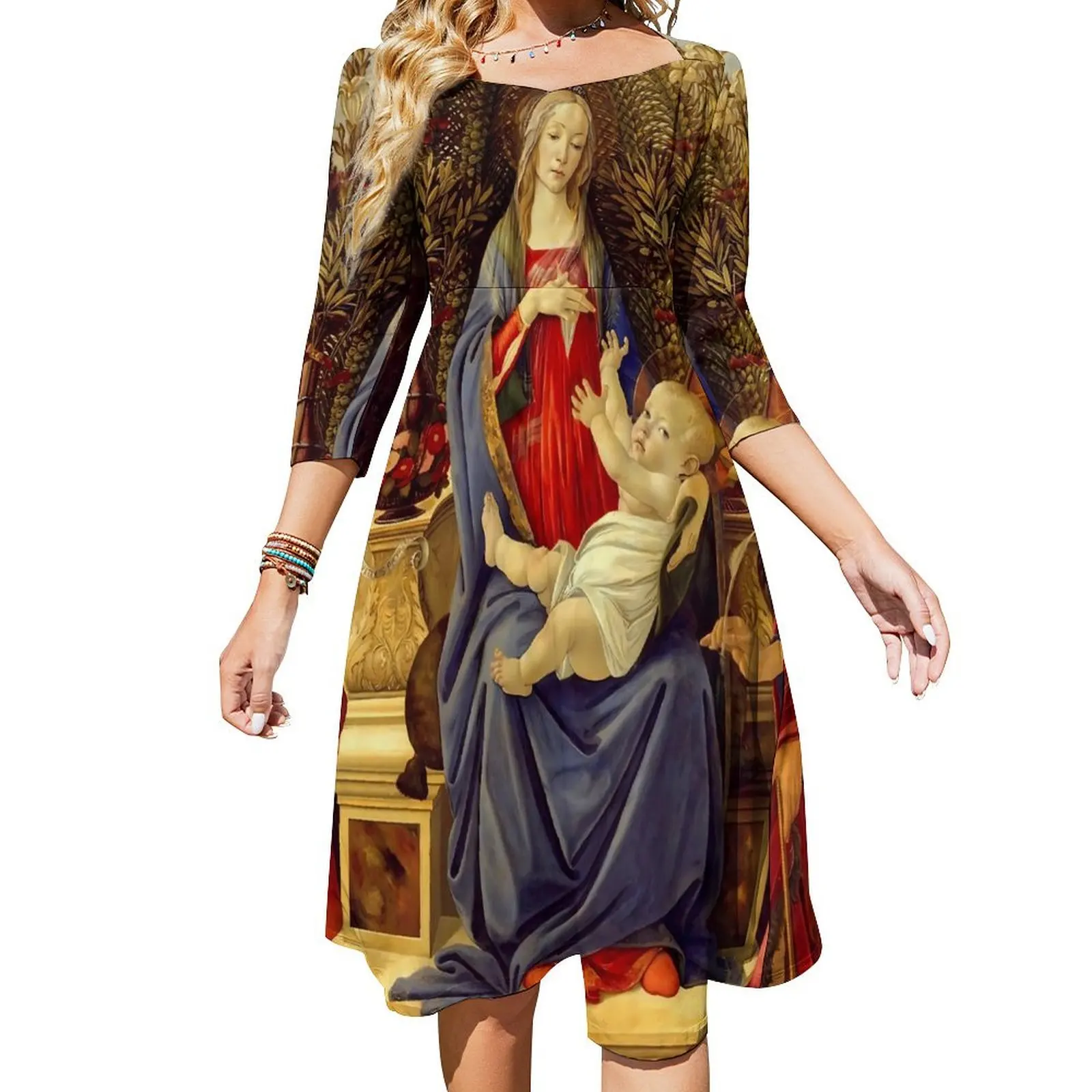 Sandros Botticelli Casual Dress Madonna with Saints Elegant Dresses Summer Sexy Square Collar Aesthetic Design Dress Big Size