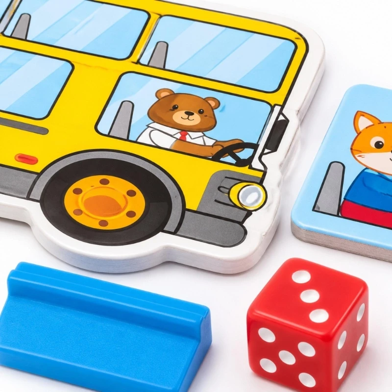 Animal Bus Stops Tabletop Puzzle Game Set with 4 Puzzles Board, 1 Die & 1 Numbered Spinners for Shared Parent-Child Play, 15UB