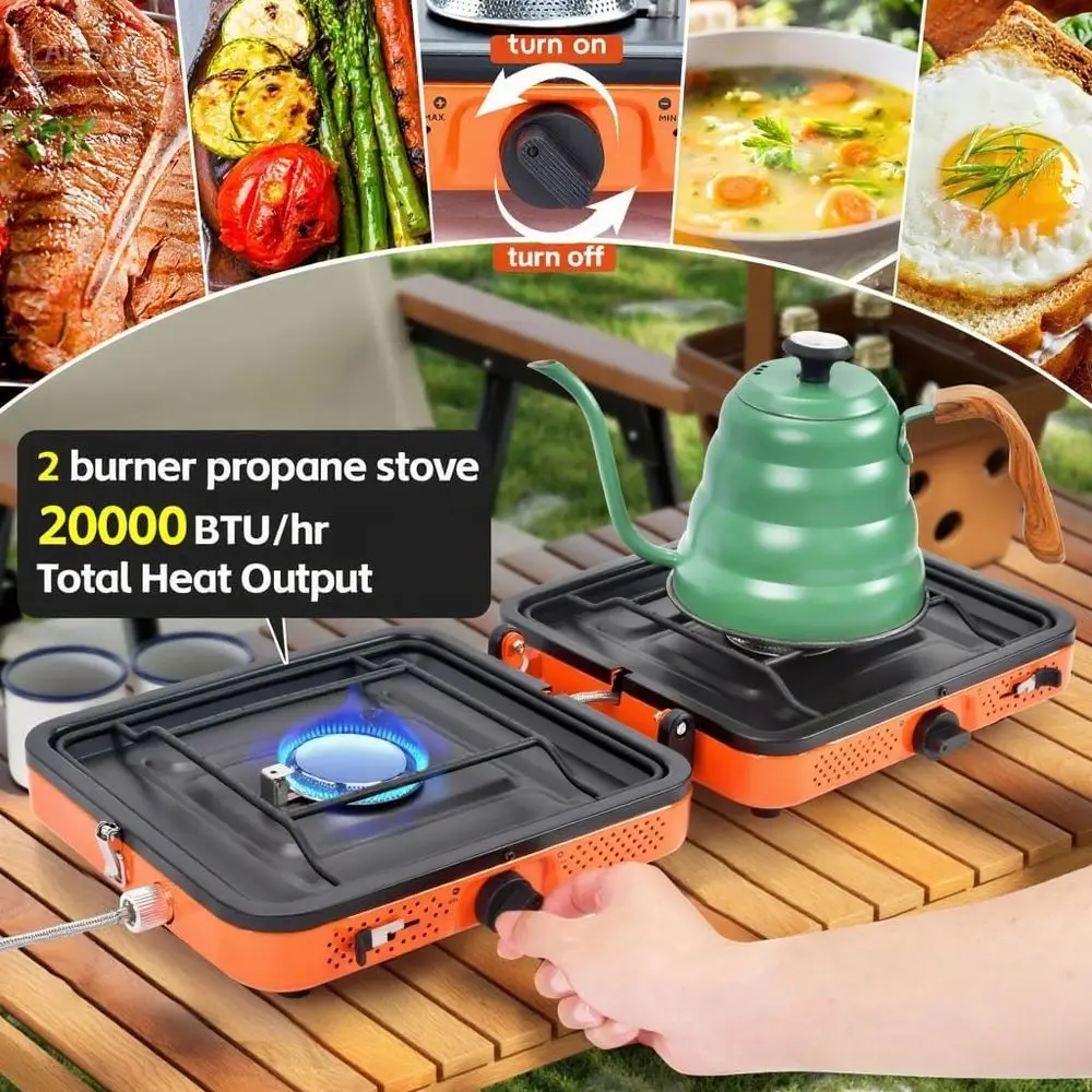 موقد للتخييم، 2 شعلة، 20000 وحدة حرارية بريطانية، موقد تخييم قابل للطي، موقد تخييم محمول من البروبان مع لهب قابل للتعديل، إشعال بيزو وC #3