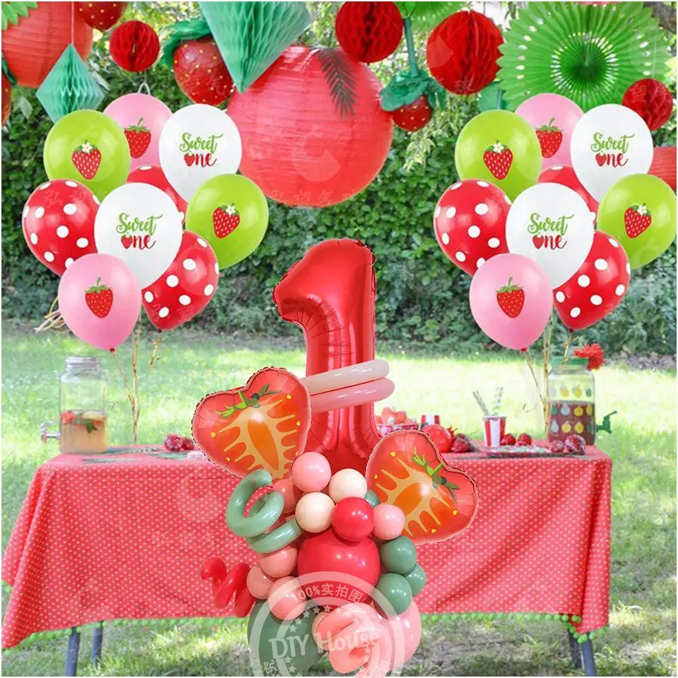 

1set Strawberry Balloon Tower With 32inch Number Balloon For Kids 1st Strawberry Birthday Party Decorations Sweet One DIY Party