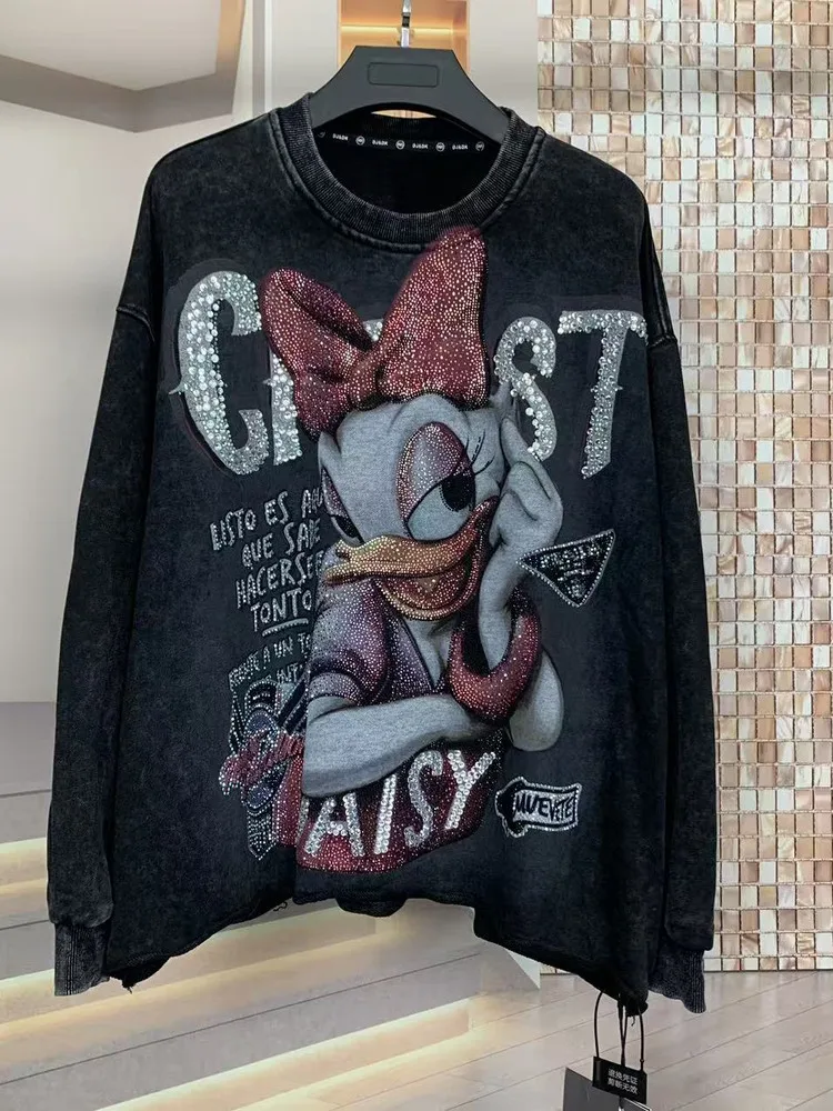 Trendy Black Pullover Sweatshirt Spring Autumn Heavy Rhinestone Cute Cartoon Loose Fashion Long Sleeve Sweatshirt for Women