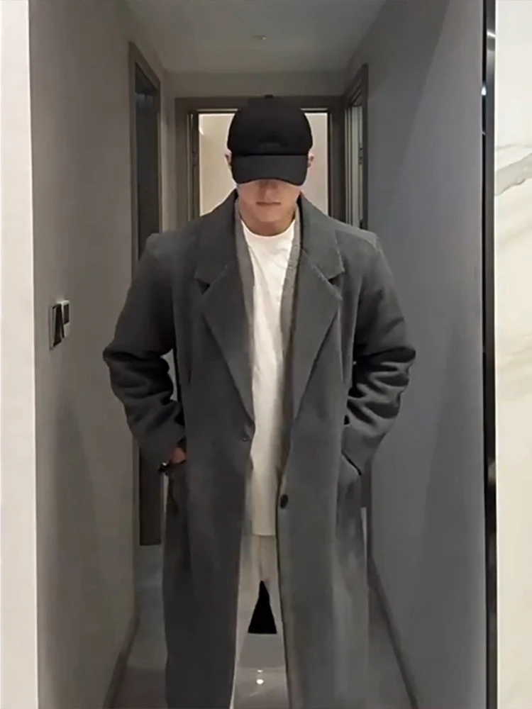 

Long ey Woolen Coat Men's Autumn Winter Briti Sle Loose Casual Knee-Length Trousers Polyester Fiber Warmth Anti-cold