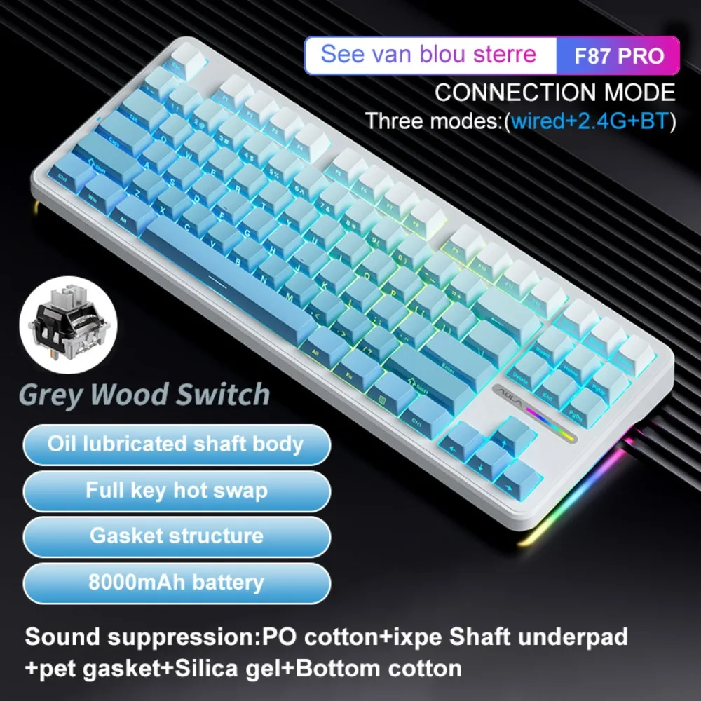 

AULA F87Pro RGB Gaming Keyboard Esports Mechanical 2.4g/Usb/Bluetooth Wireless 87 Key Hot Pluggable Customized Keyboard