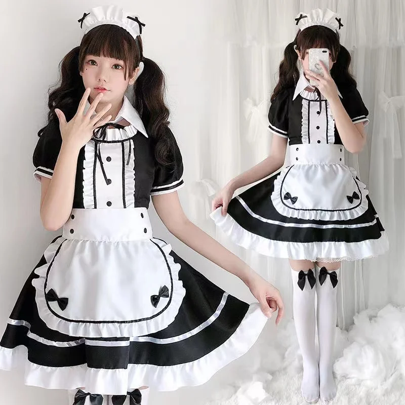 

2023 Sexy Lingerie Lolita Maid Cosplay Costume Women Headwear Apron Fake Collar Bowknot Black Dress Halloween Party Outfit