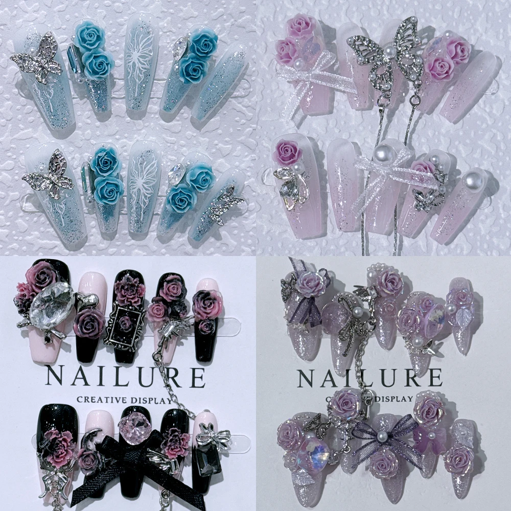 

10Pcs Summer Rose Flowers Handmade Nail Art 3D Romantic Pearl Butterfly Ballerina Long Coffin Fake Nails Girl Party Gift